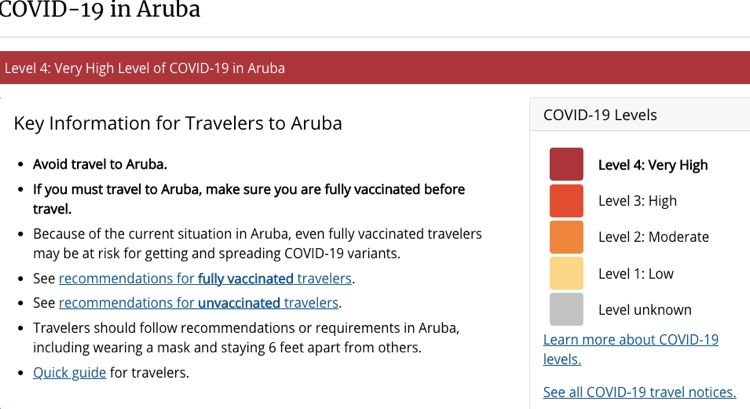 Amerikaanse reizigers gewaarschuwd voor besmettingsrisico in Aruba